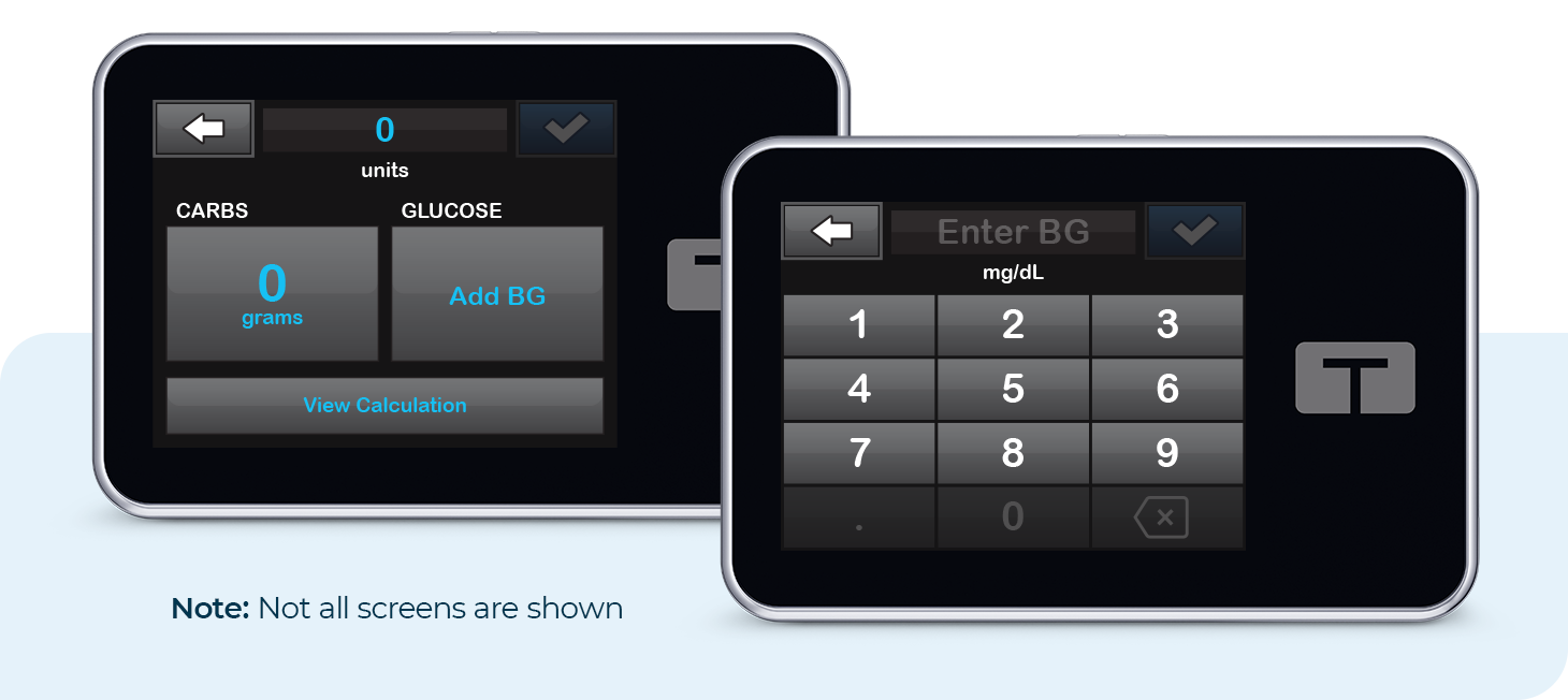 Bolus and BG Keypad screens on the t:slim X2 insulin pump