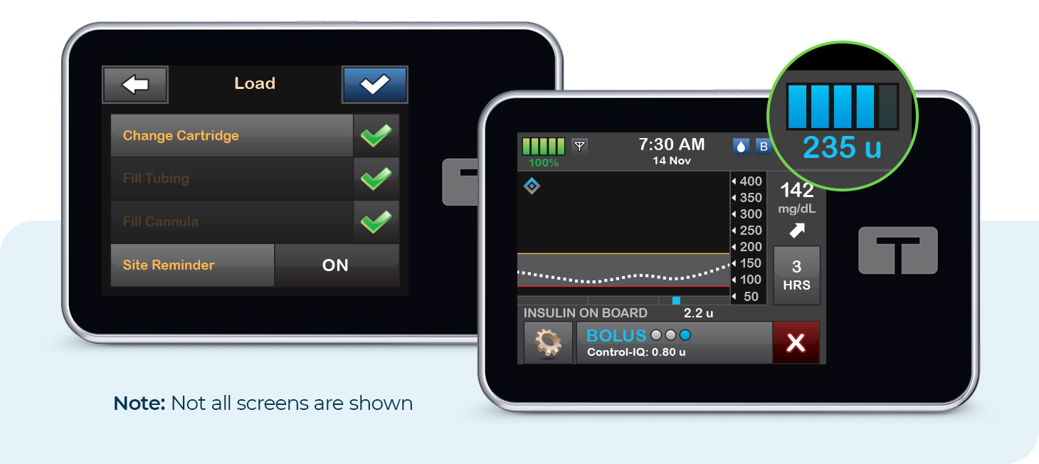 Load and Home Screen on t:slim X2 Insulin Pump. Note: Not all screens are shown.