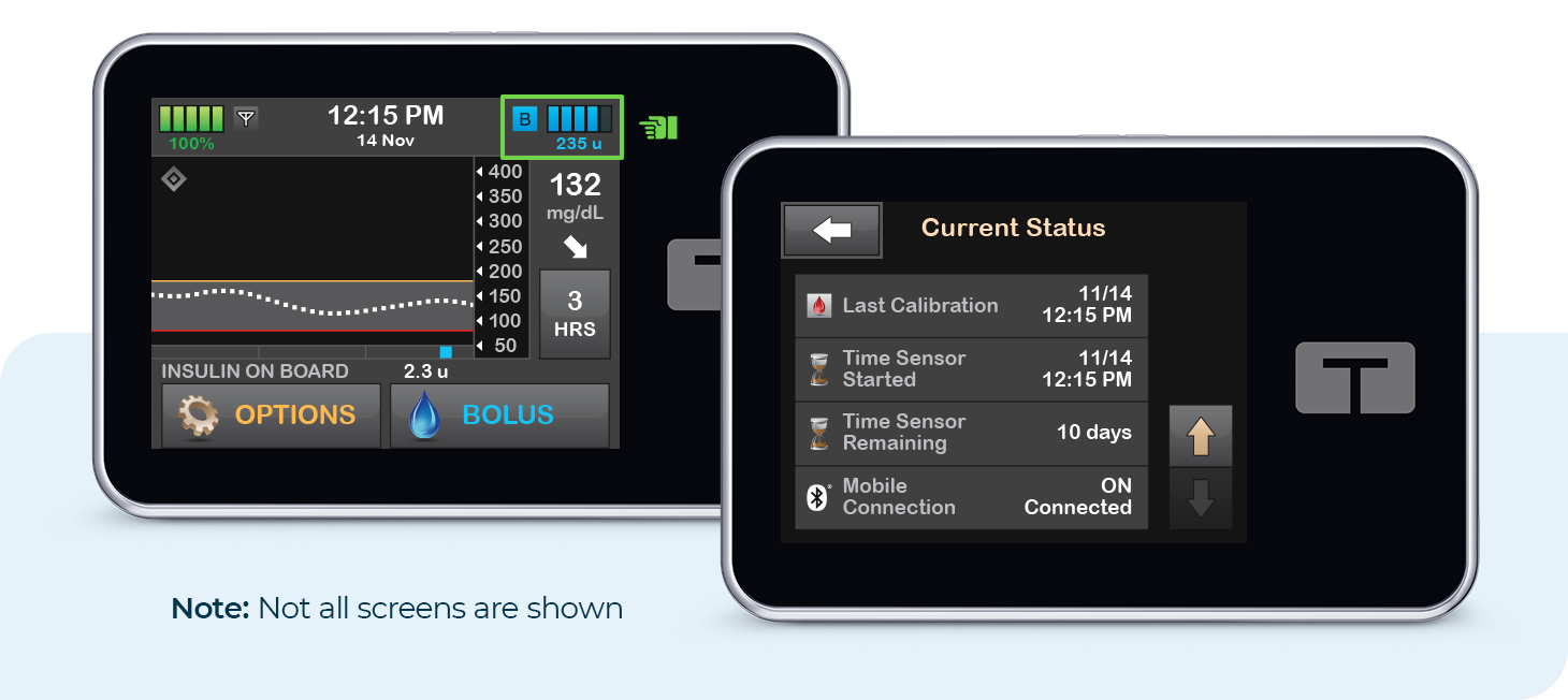 Home Screen and Current Status Screen on t:slim X2 Insulin Pump. Note: Not all screens are shown.