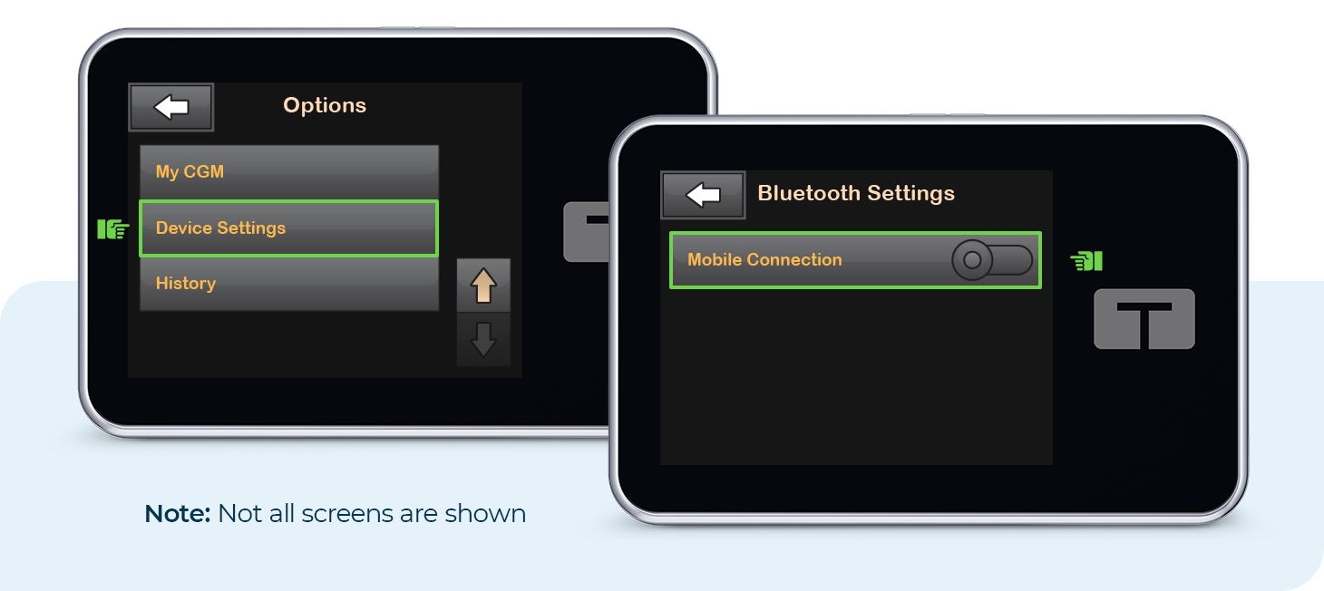 Options and Bluetooth screens. Note: Not all screens are shown.