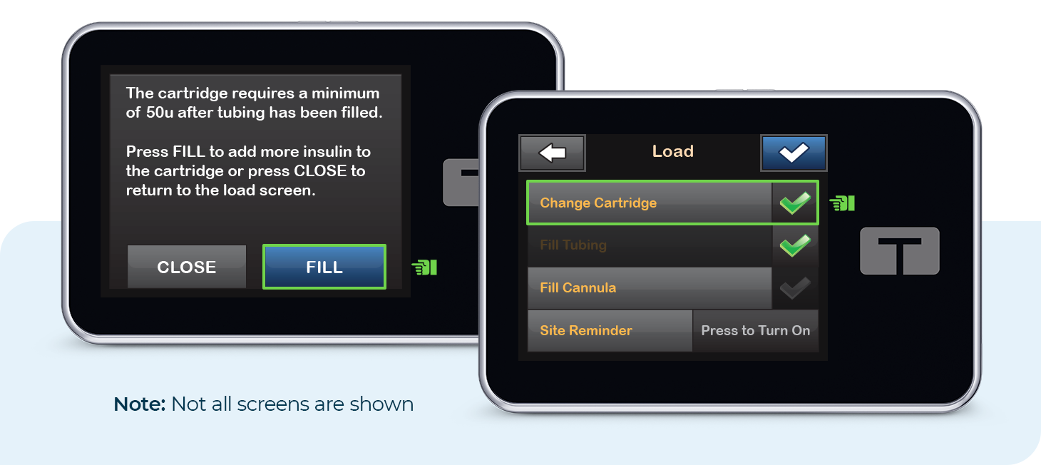 Minimum Fill Notification and Fill Tubing Screens. Note: Not all screens are shown.