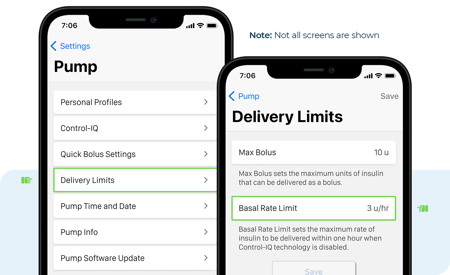 Pump and Delivery Limit Screens on the Tandem Mobi Mobile App. Note: Not all screens are shown.