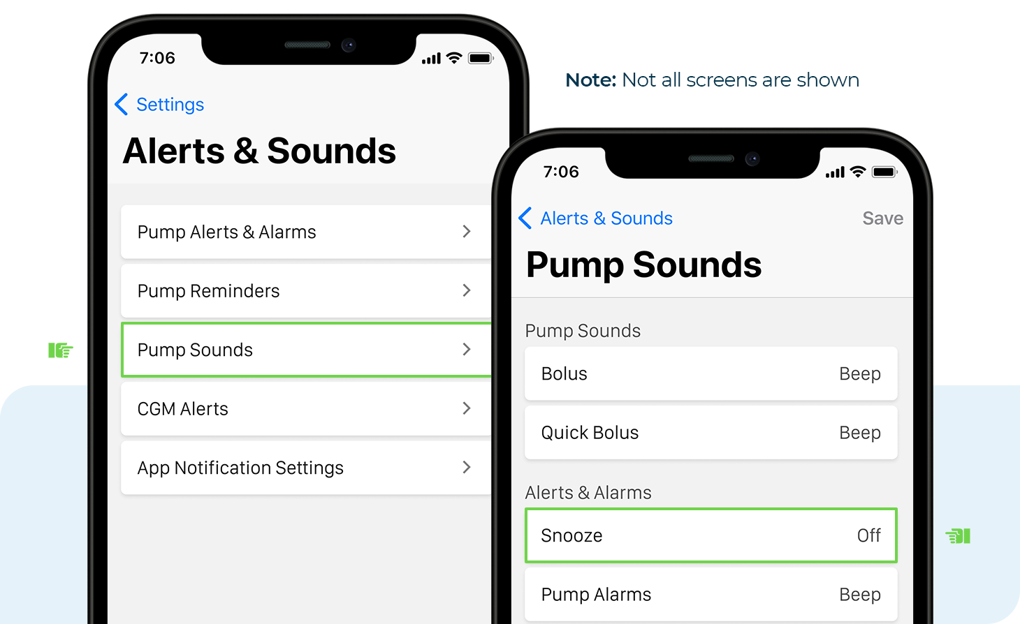 Alerts & Sounds and Pump Sounds Screens on the Tandem Mobi Mobile App. Note: Not all screens are shown.