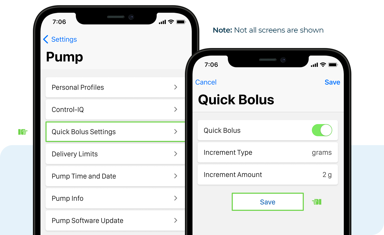 Pump and Quick Bolus screens