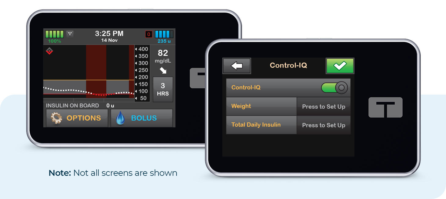 Control-IQ Suspending Basal and Control-IQ Screen. Note: Not all screens are shown.