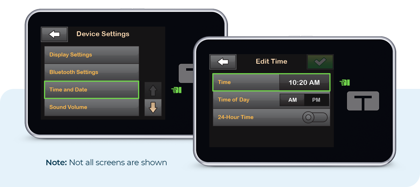 Device Settings and Edit Time Screens. Note: Not all screens are shown.