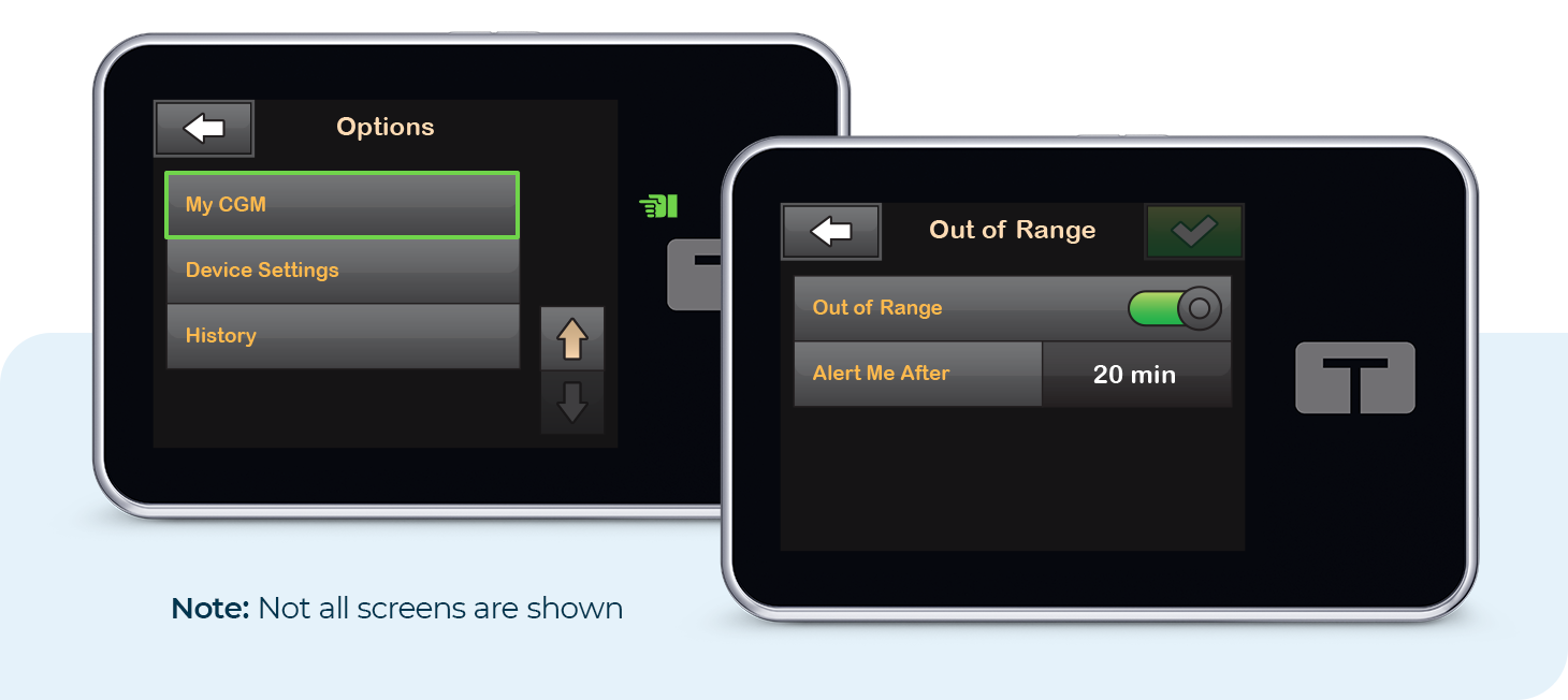 Options and Out of Range Screens. Note: Not all screens are shown.