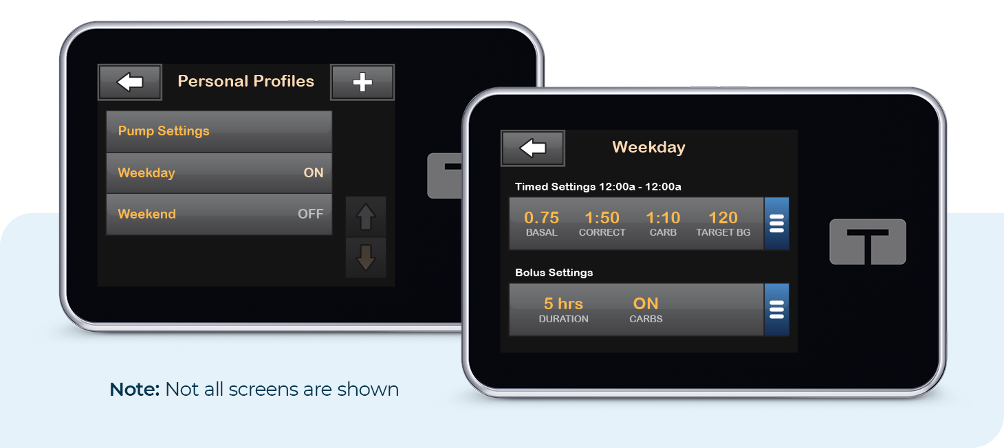 Personal Profiles and Timed Settings Screens. Note: Not all screens are shown.