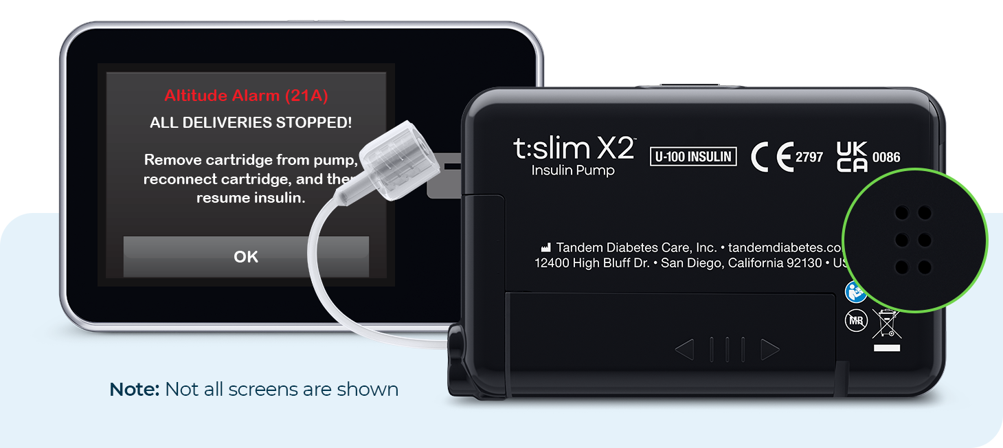 Altitude Alarm and Vent Holes on the t:slim X2 Insulin Pump. Note: Not all screens are shown.