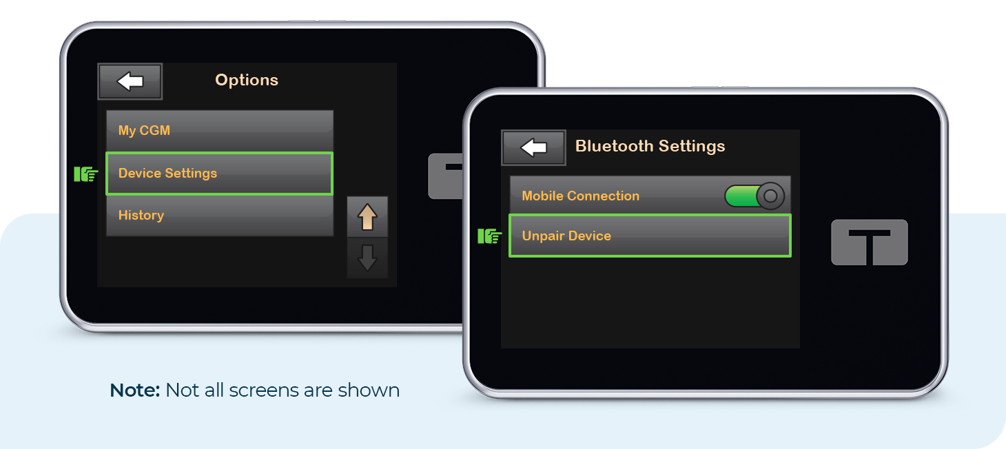 Options and Bluetooth Settings Screens. Note: Not all screens are shown.