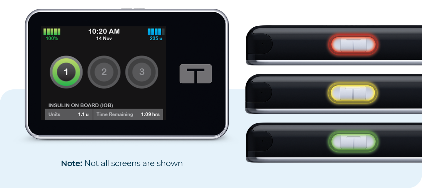 Wake Button Light meanings on the t:slim X2 insulin pump. Note: Not all screens are shown.