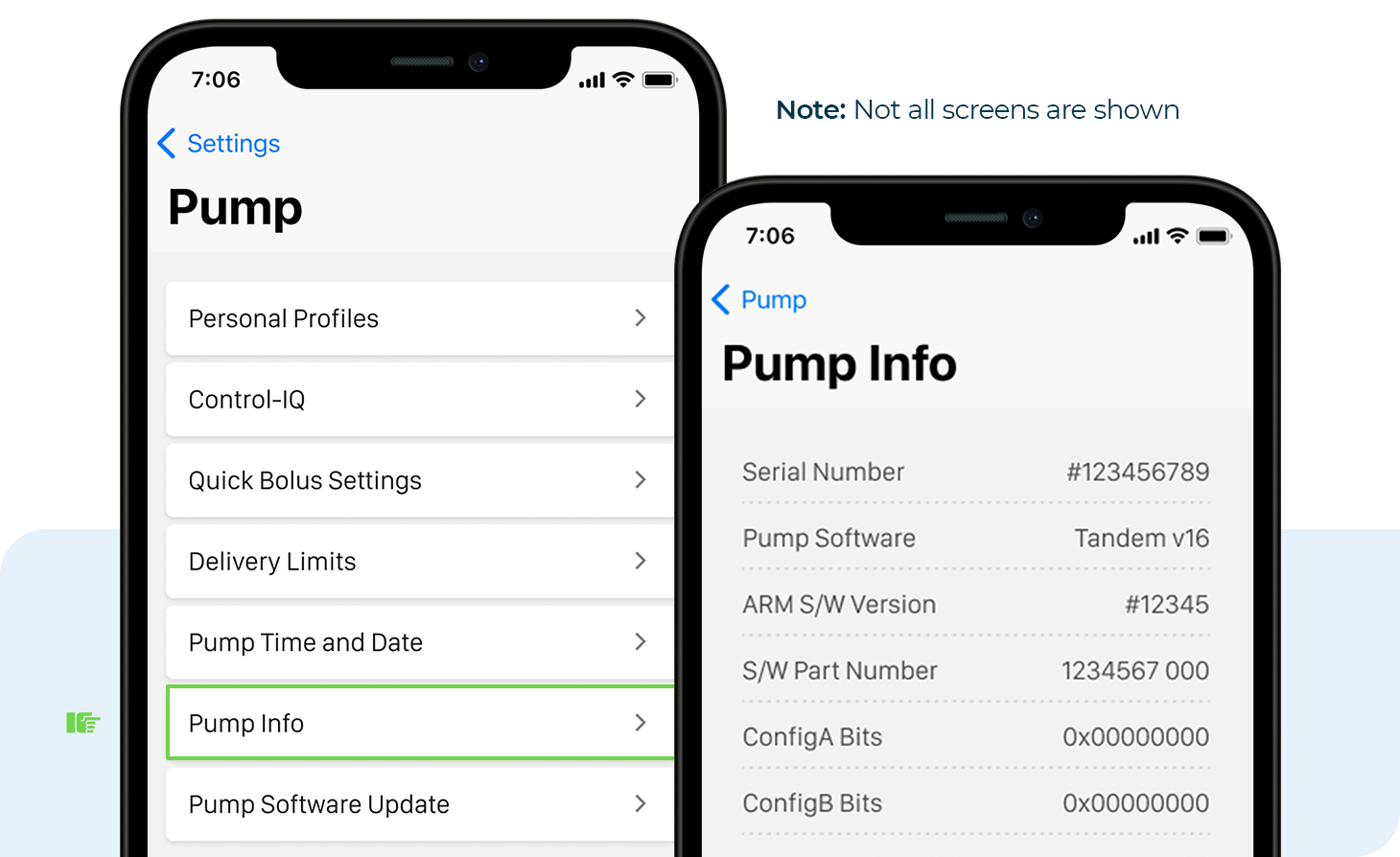 Pump Menu and Pump Info screens