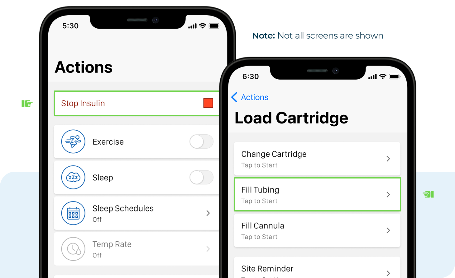 Actions and Load Cartridge Screens. Note: Not all screens are shown