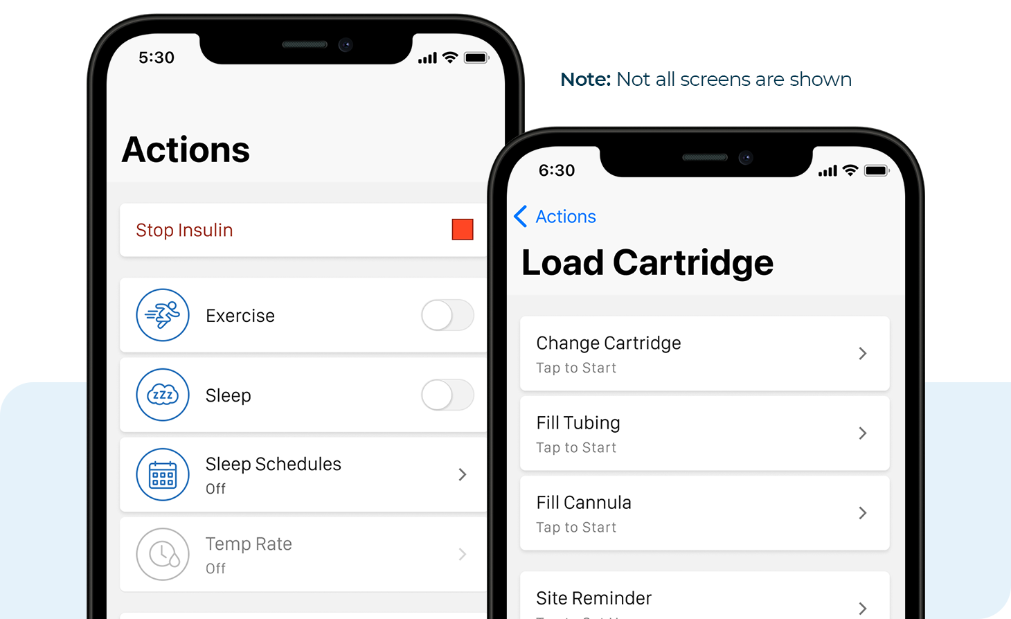 Actions and Load Cartridge Screens. Note: Not all screens are shown.