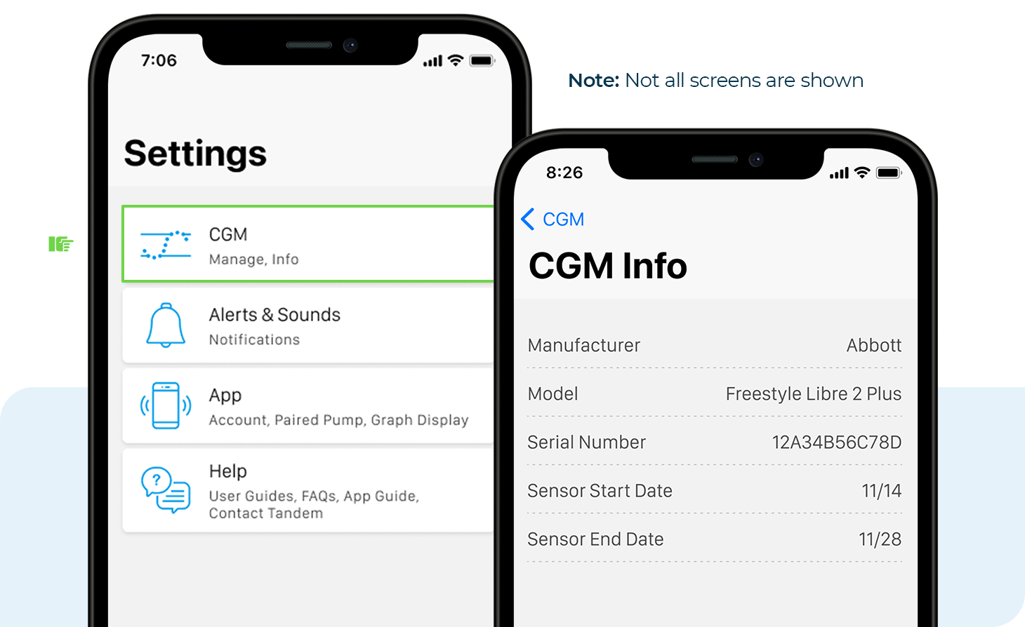 Settings and CGM Info Screens. Note: Not all screens are shown.