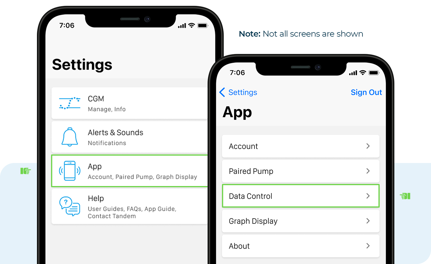 Settings and App Screens on Tandem Mobi Mobile App. Note: Not all screens are shown.