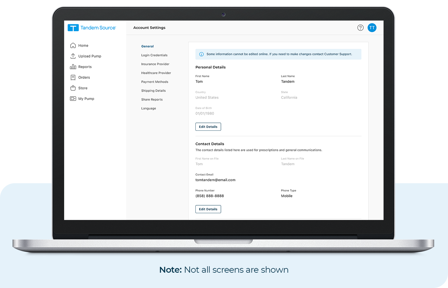 Contact Information within the Account Settings Screen of Tandem Source. Note: Not all screens are shown.