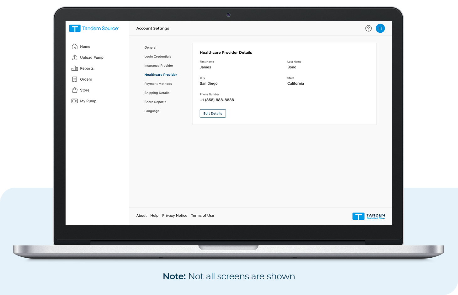 Healthcare Provider Information within Account Settings Screen of Tandem Source