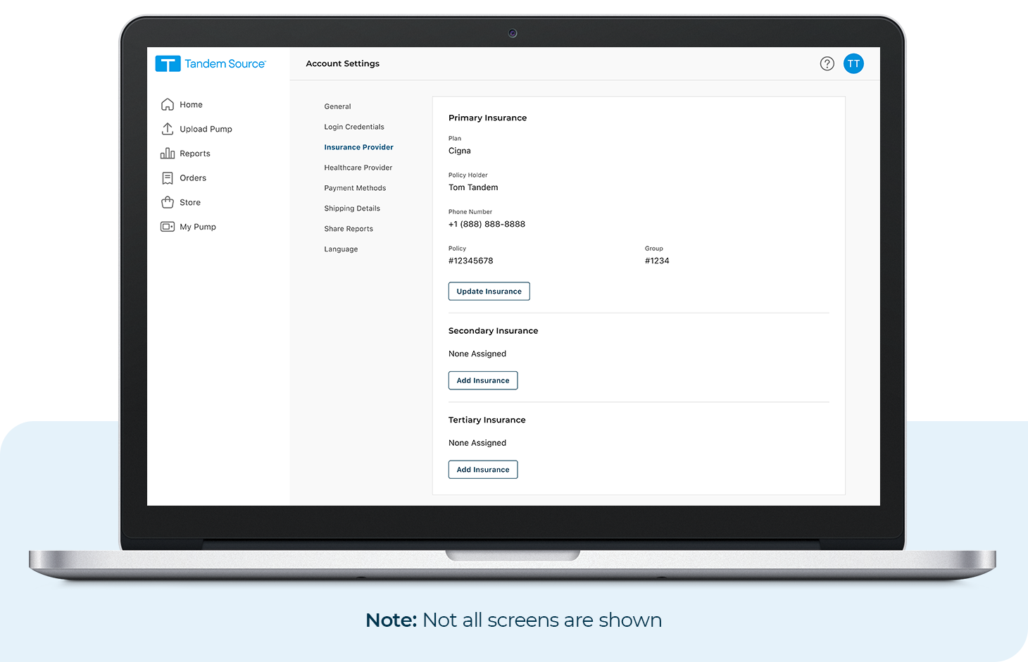 Insurance Coverage Information within Account Settings Screen of Tandem Source. Note: Not all screens are shown.