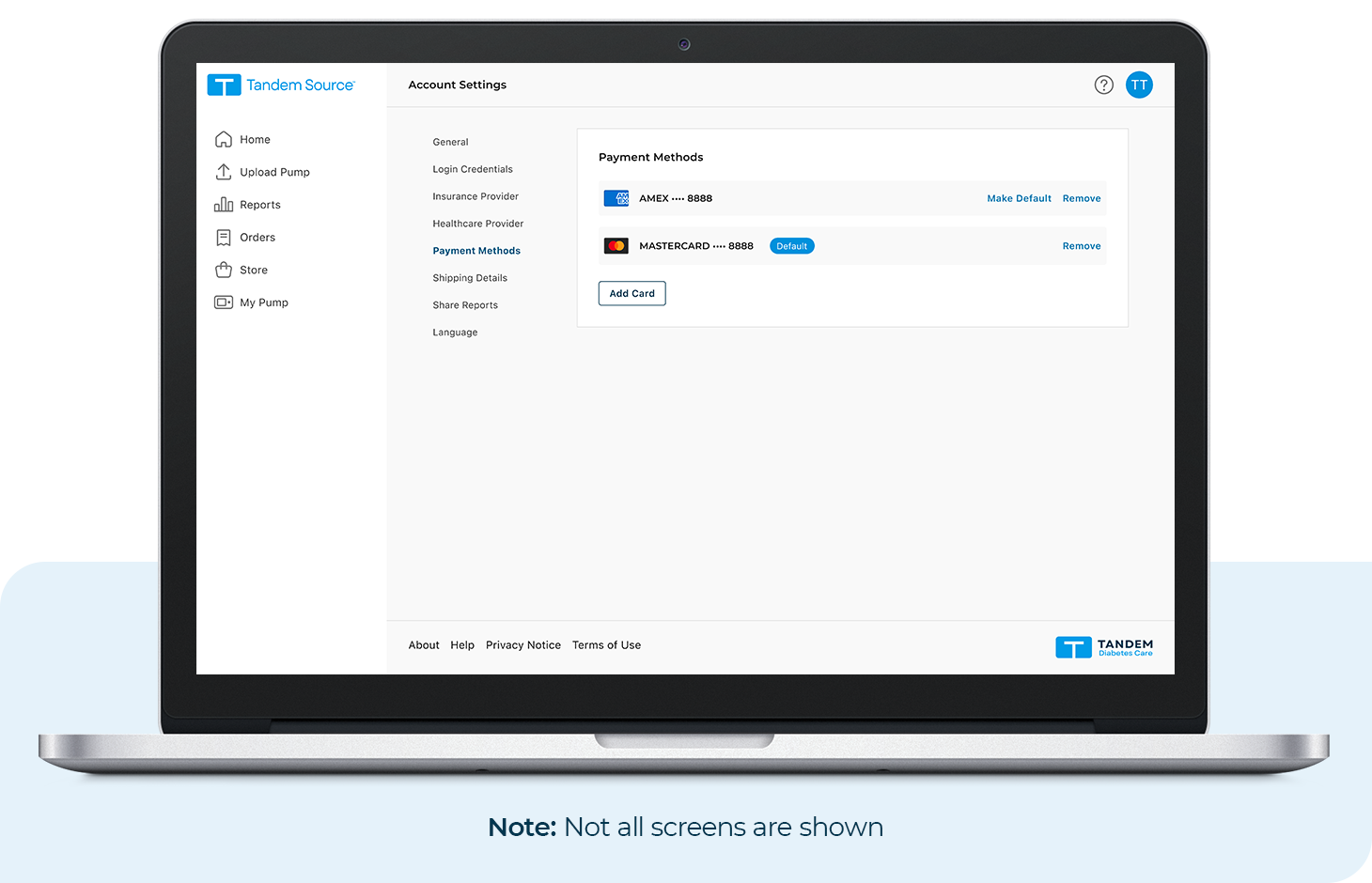 Payment Information within the Account Settings Screen on Tandem Source. Note: Not all screens are shown.