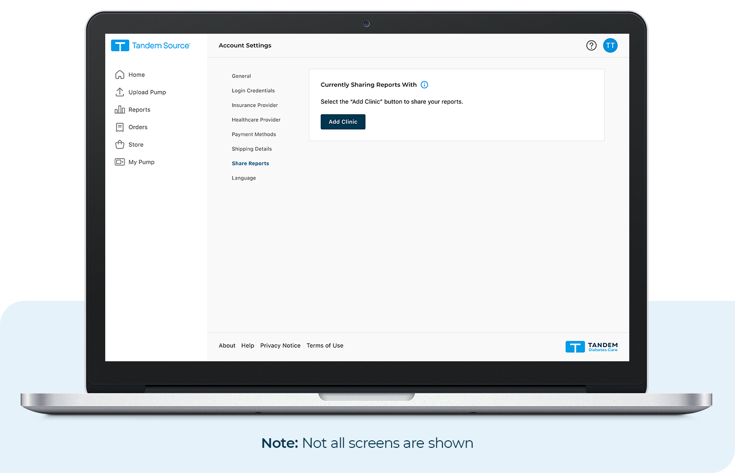 Share Reports Screen of Account Settings within Tandem Source Platform