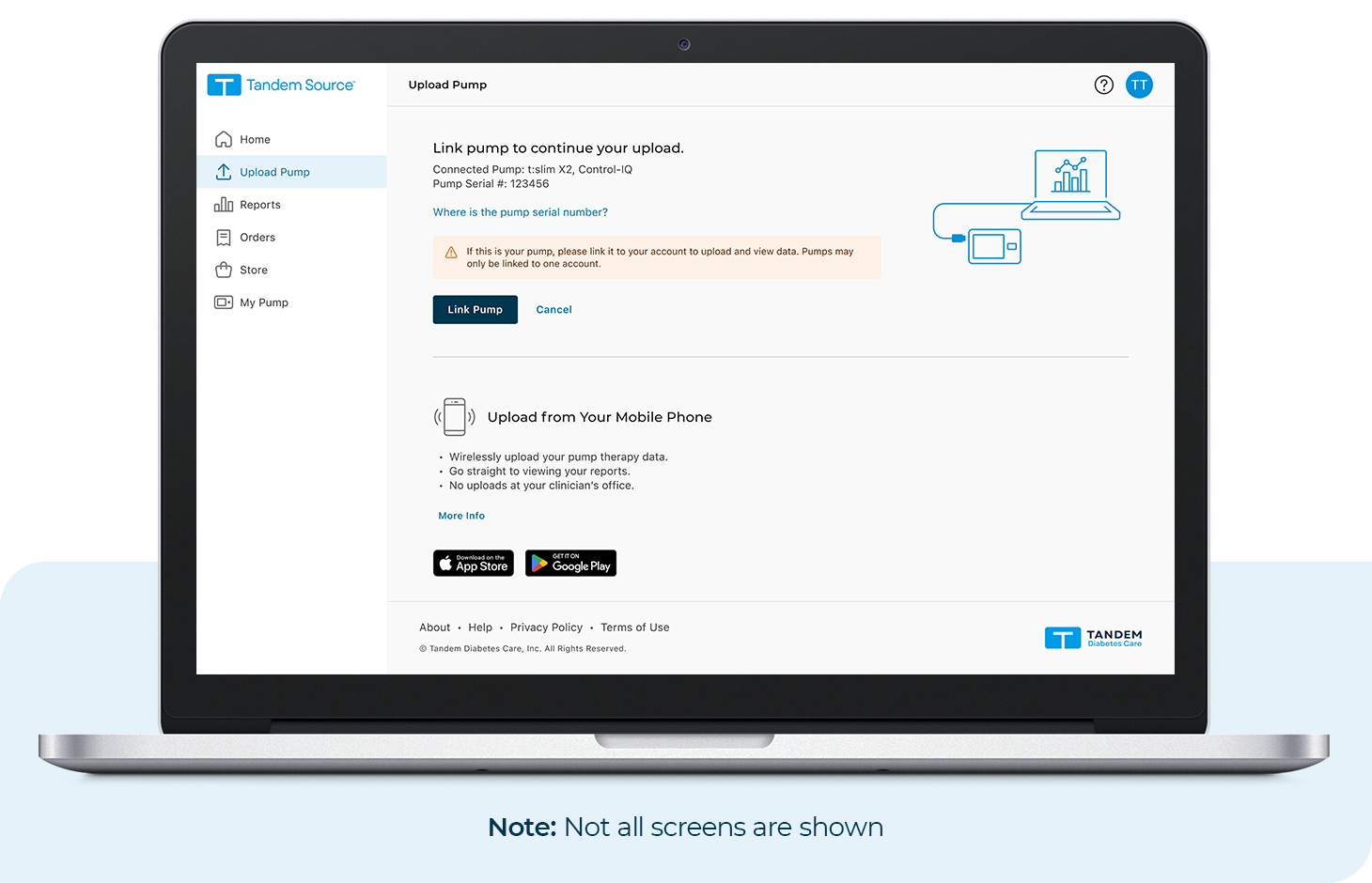 Tandem Source Upload Pump Screen. Note: Not all screens are shown.