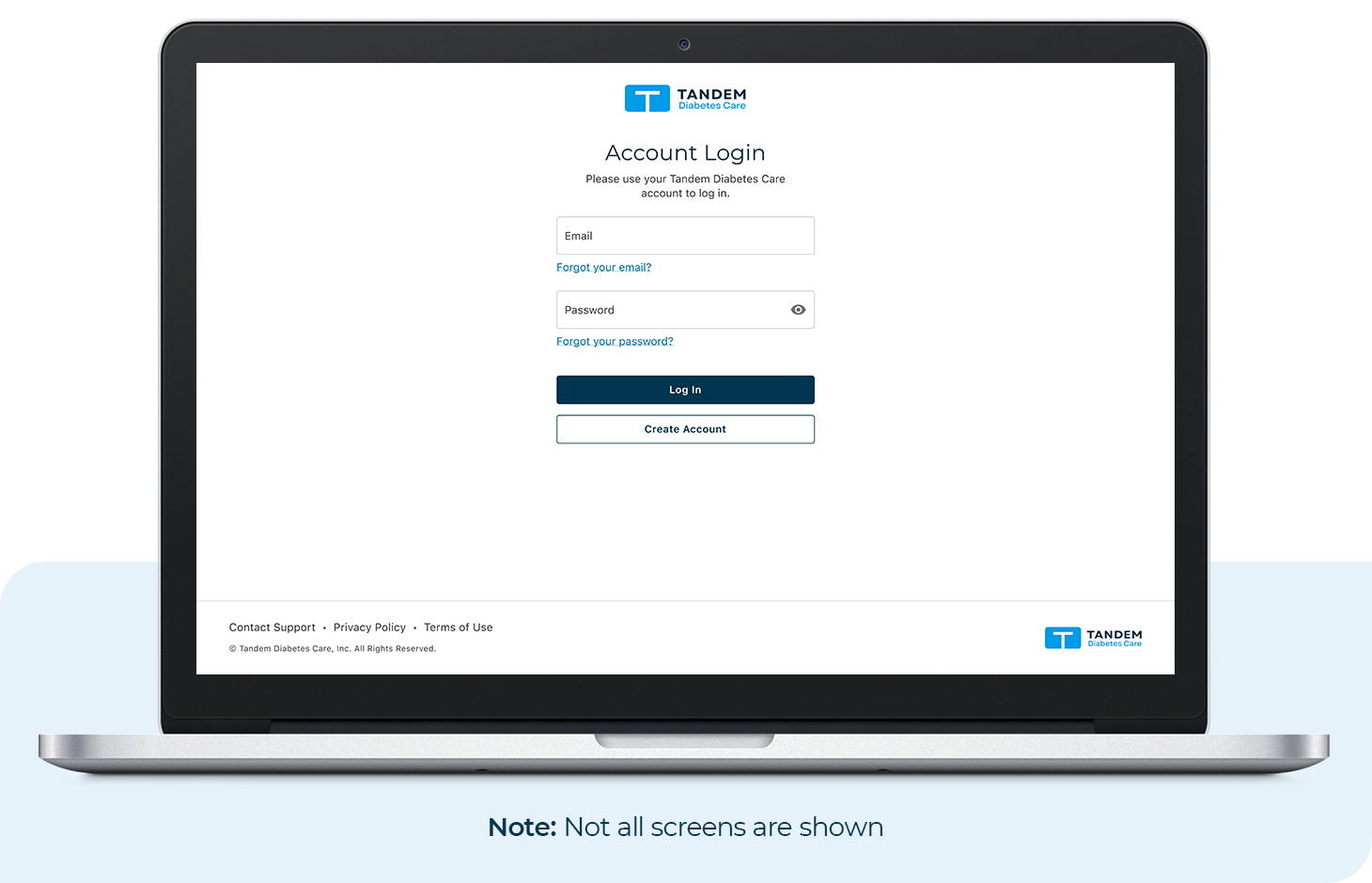 Account Login Screen for Tandem Source. Note: Not all screens are shown.