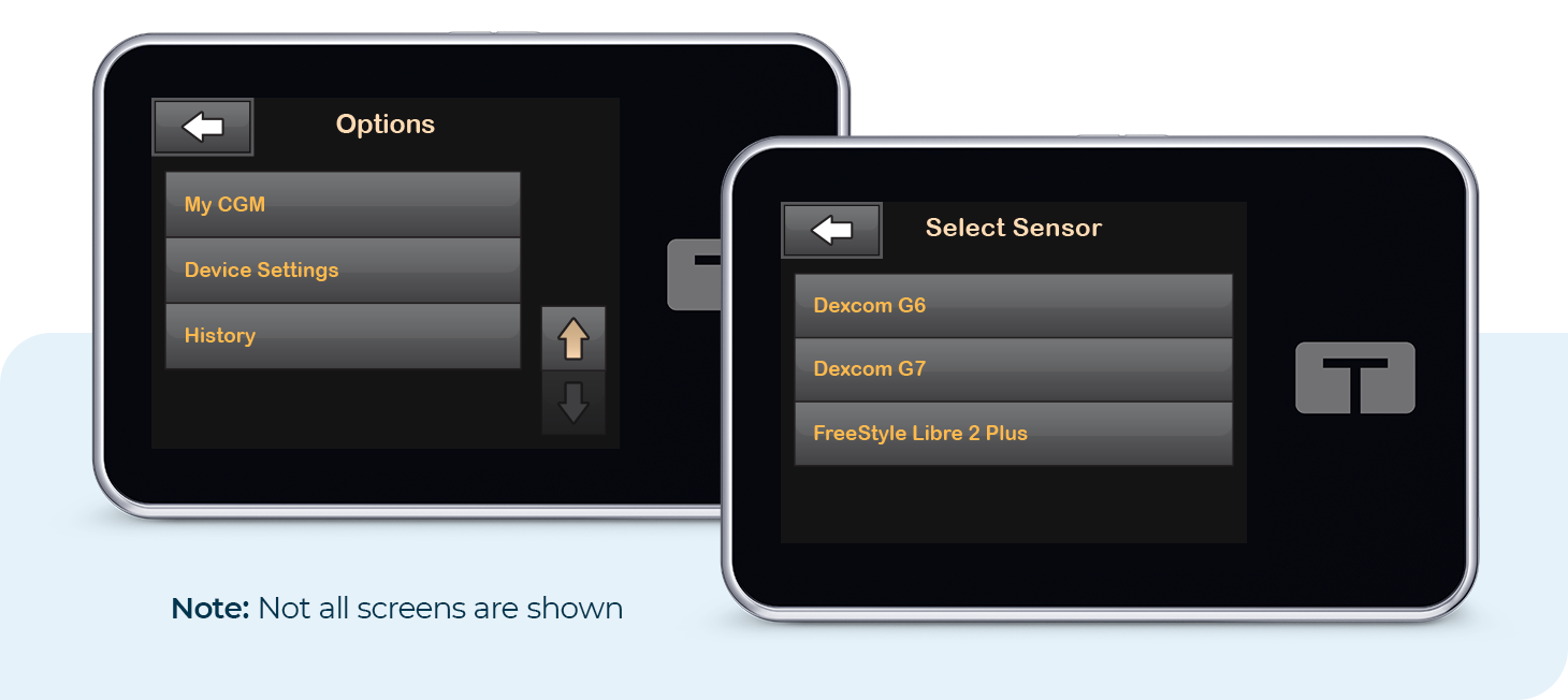 Options and Select Sensor Screens. Note: Not all screens are shown.