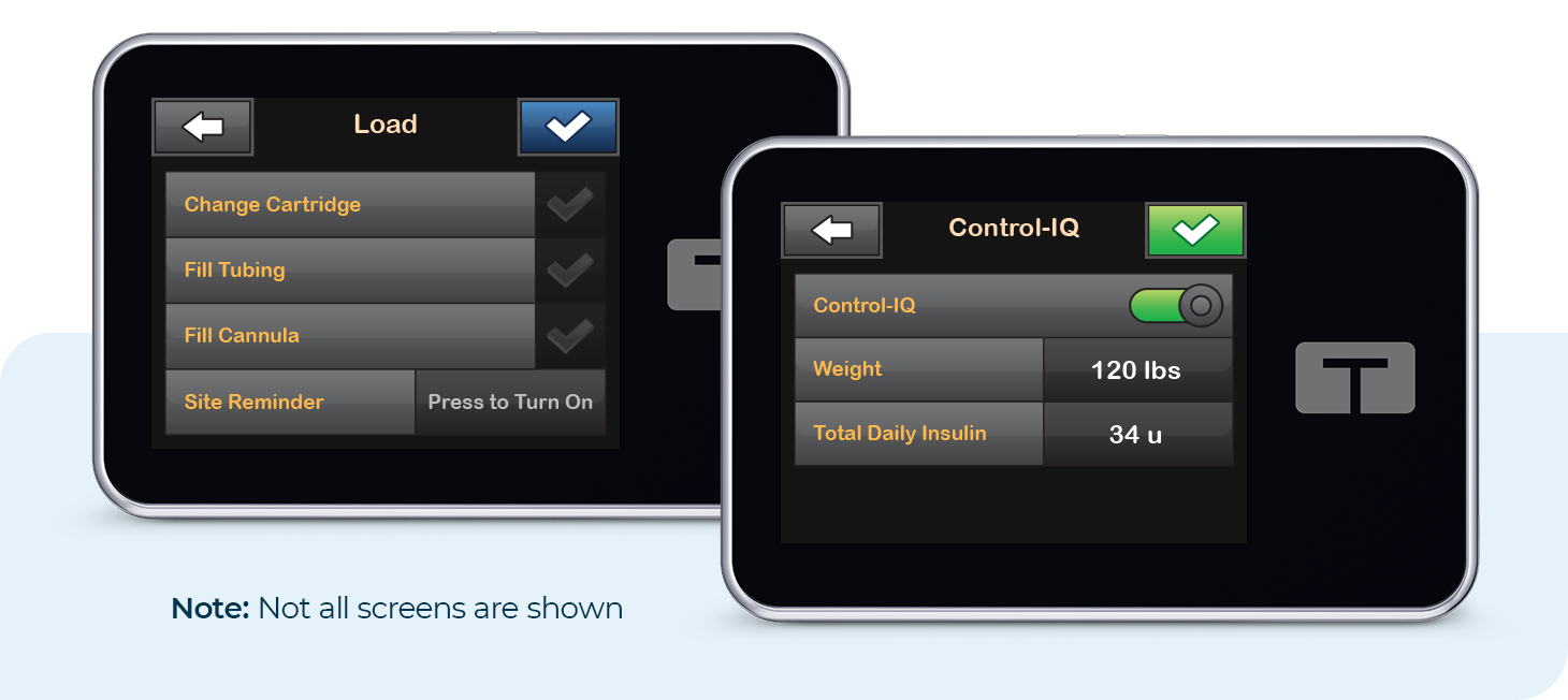 Load and Control-IQ Screens. Note: Not all screens are shown.