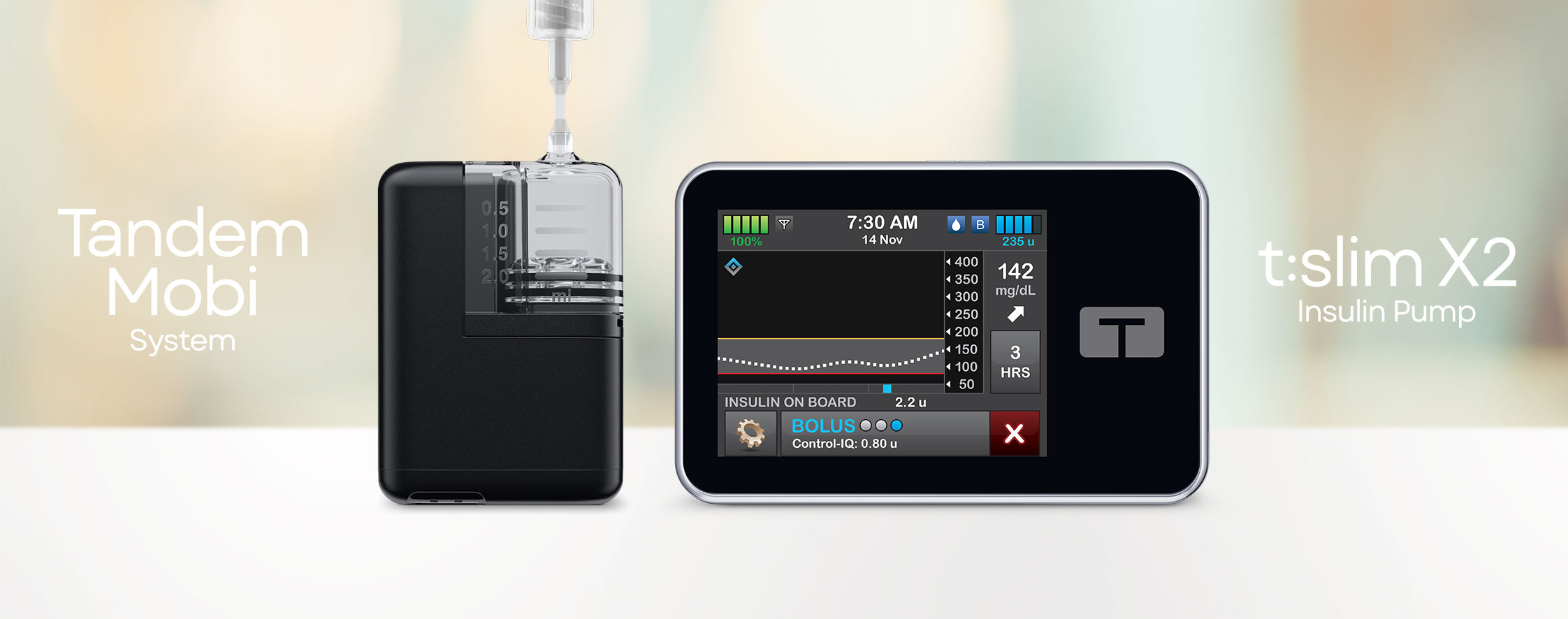 The Tandem Mobi System and Tandem t:slim X2 Insulin Pump shown side by side