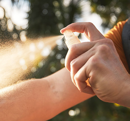 Close-up of a person spraying their arm with bug spray